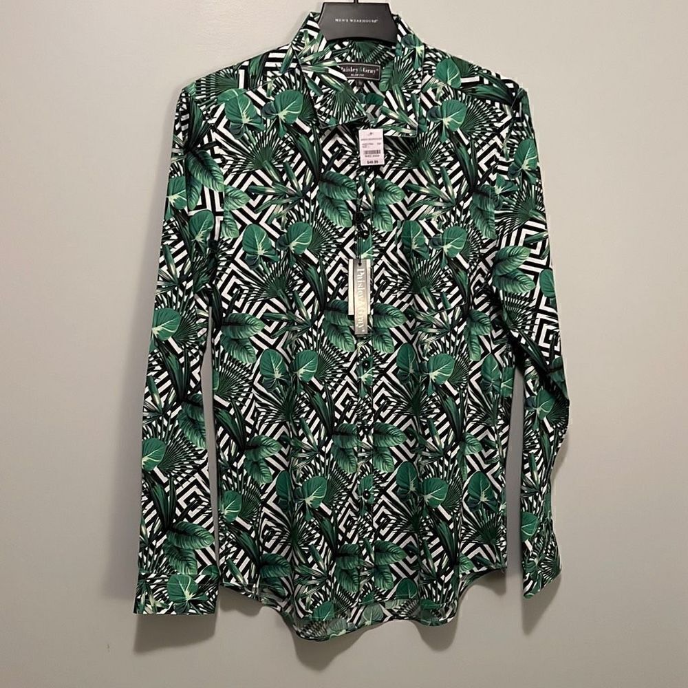 Paisley & Gray Men's Green Tropical Print Samuel Slim Fit Button Up Shirt L NWT
